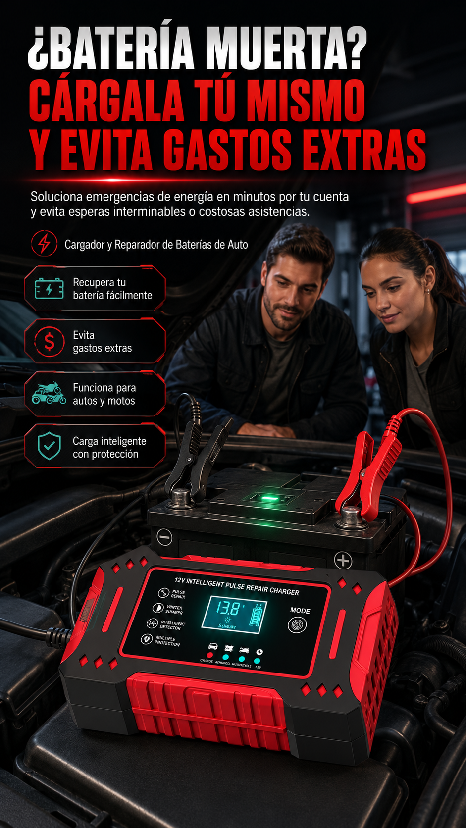 CARGADOR Y REPARADOR DE BATERIAS DE AUTOS-MOTOS